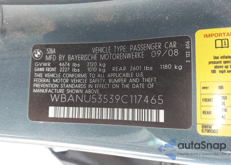 2009 BMW 528I z USA, uszkodzony, nr VIN WBANU53539C117465